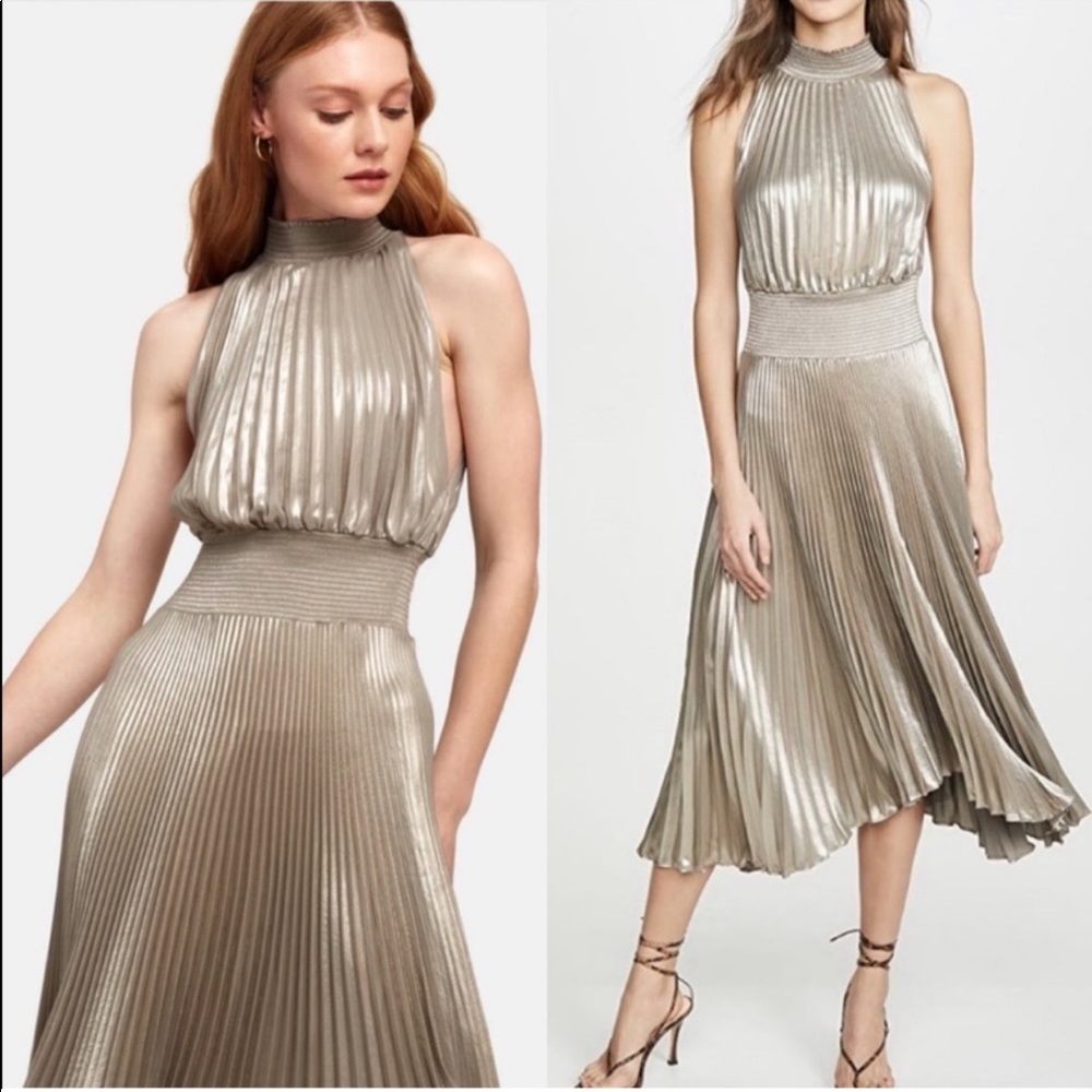A.L.C. Renzo Pleated Metallic Halter Cocktail Dress in Antique Gold Size 0